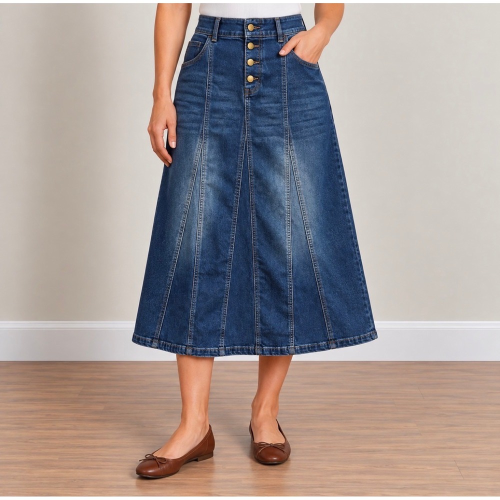 Unbranded Denim Midi Skirt Size M Blue Good A-Line Button Fly High Waist 6216